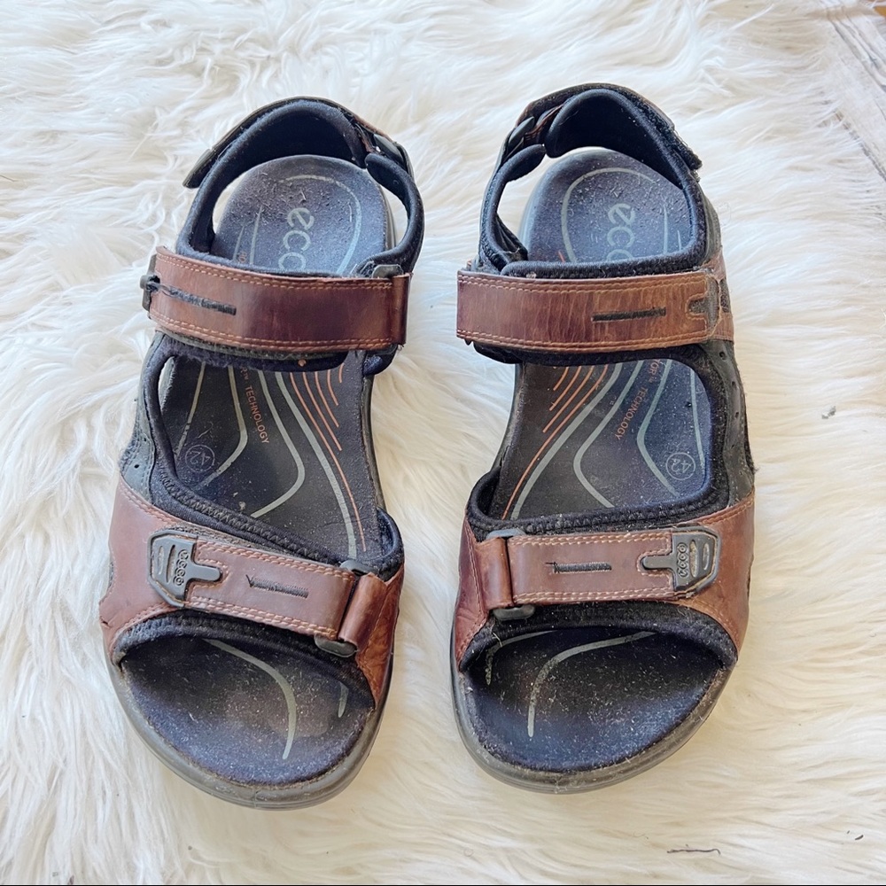 Ecco 69564 Brown Leather Yucatán Velcro Open Toe Sandals Men’s Size 42 US 8/8.5 - Picture 2 of 7